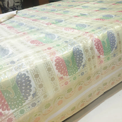 Banarasi Bed Cushion & Pillow Cover Set Peacock White Silk & Woven Brocade Gift