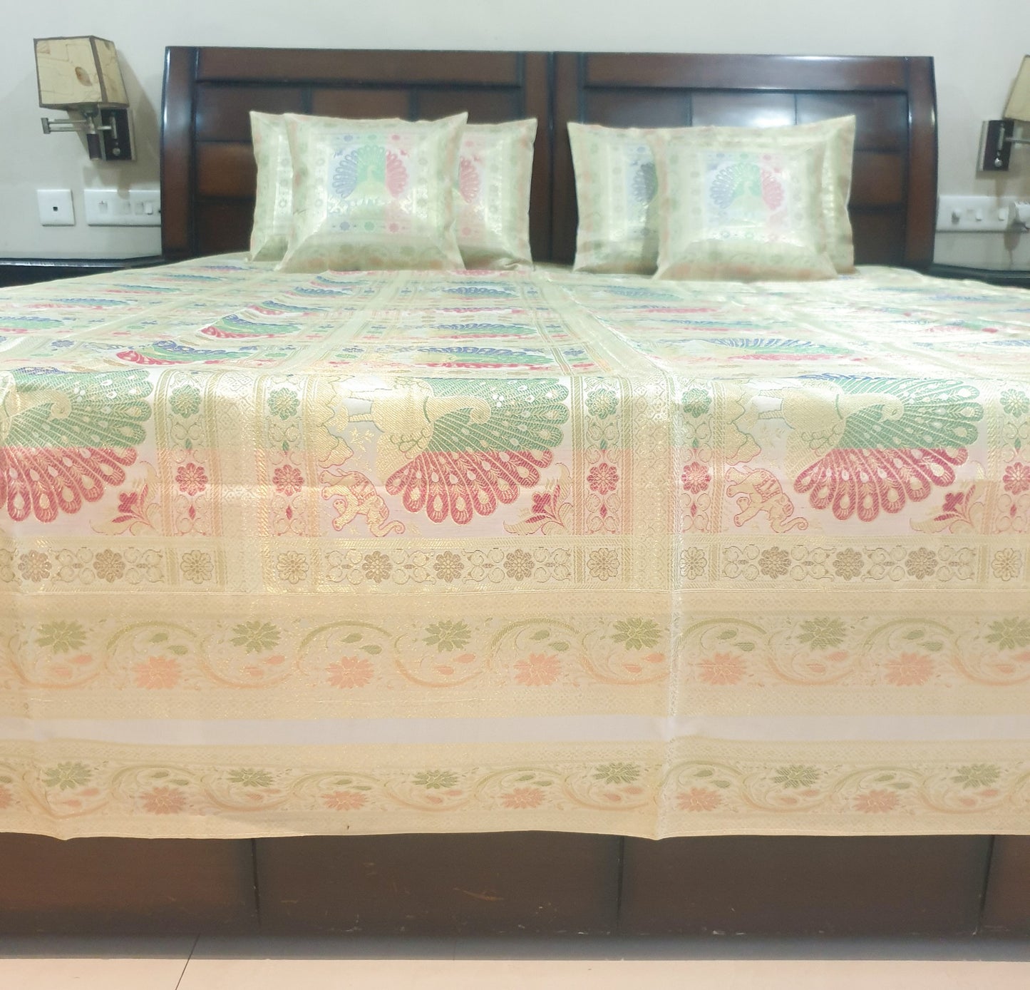 Banarasi Bed Cushion & Pillow Cover Set Peacock White Silk & Woven Brocade Gift