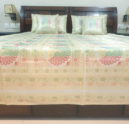 Banarasi Bed Cushion & Pillow Cover Set Peacock White Silk & Woven Brocade Gift