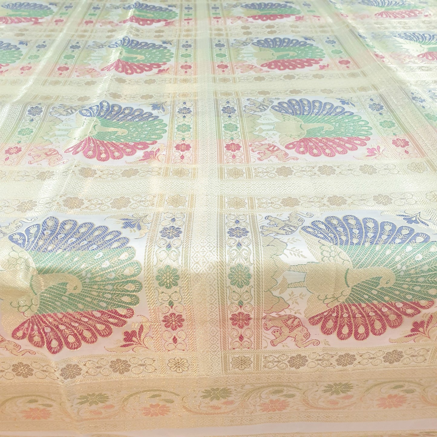 Banarasi Bed Cushion & Pillow Cover Set Peacock White Silk & Woven Brocade Gift