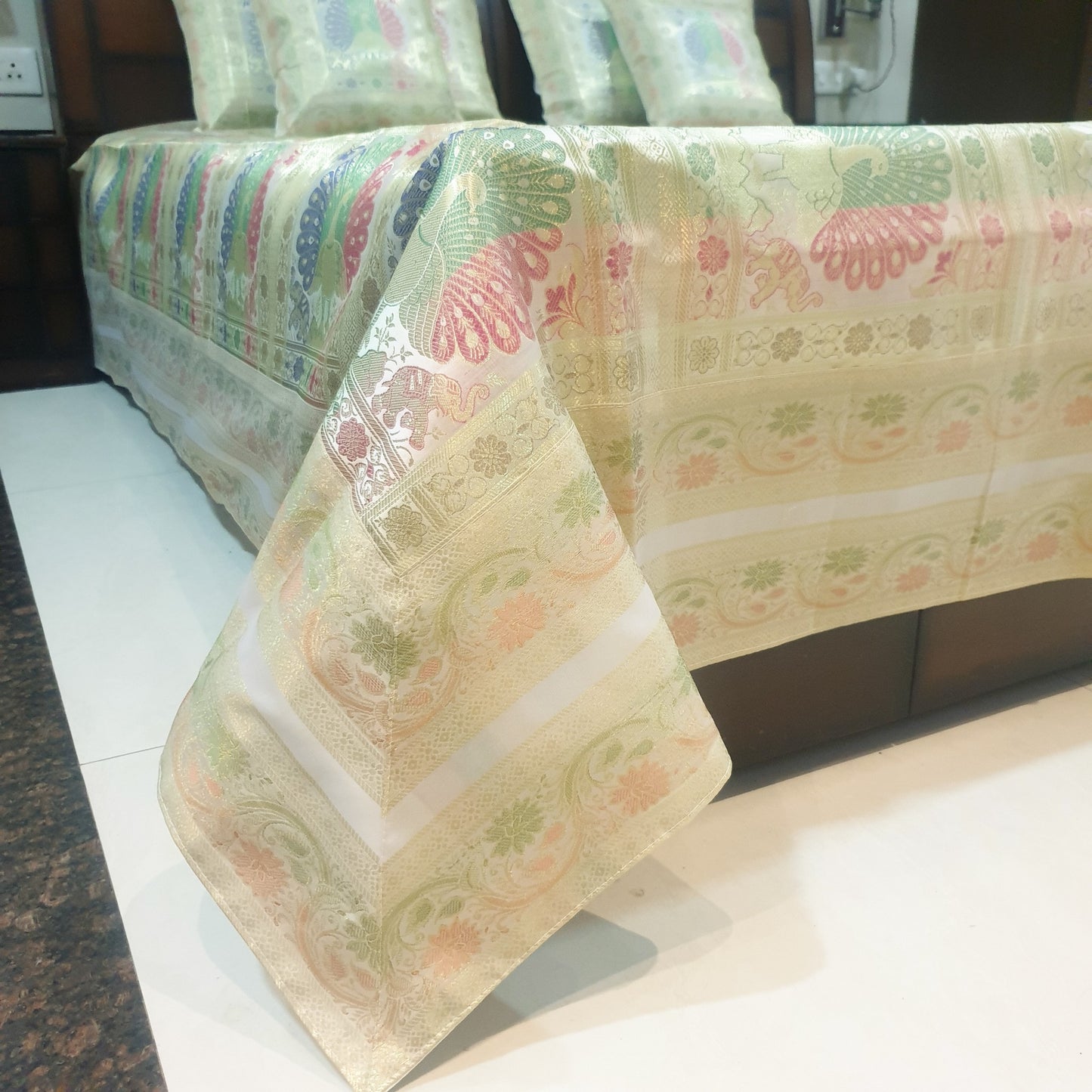 Banarasi Bed Cushion & Pillow Cover Set Peacock White Silk & Woven Brocade Gift
