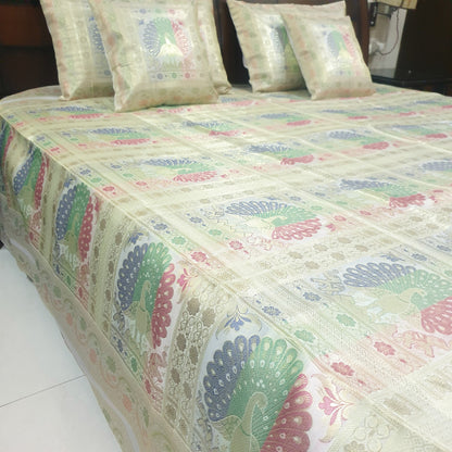 Banarasi Bed Cushion & Pillow Cover Set Peacock White Silk & Woven Brocade Gift