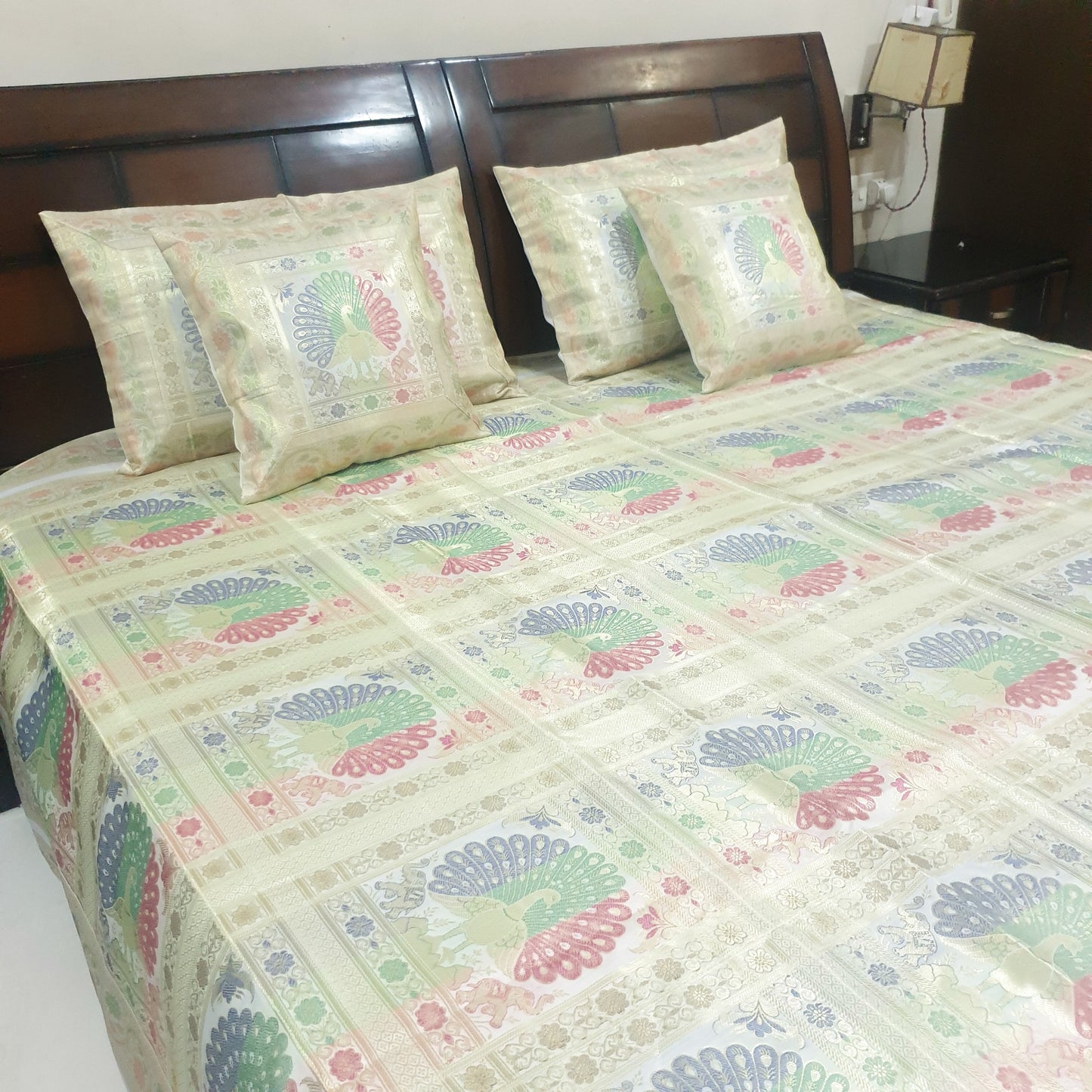 Banarasi Bed Cushion & Pillow Cover Set Peacock White Silk & Woven Brocade Gift