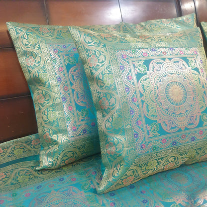 Banarasi Bed Cushion & Pillow Cover Set Teal Green Mandala Silk & Woven Brocade