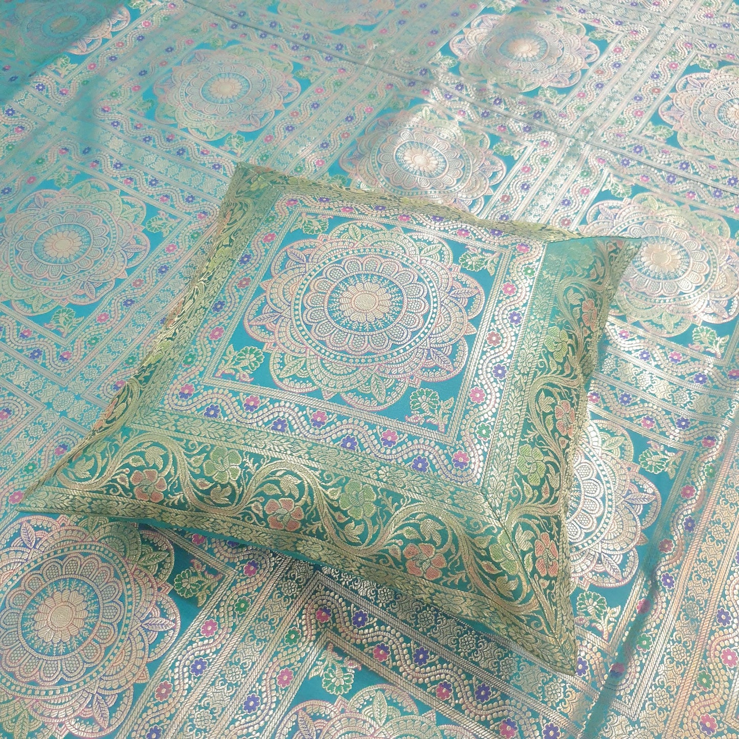 Banarasi Bed Cushion & Pillow Cover Set Teal Green Mandala Silk & Woven Brocade