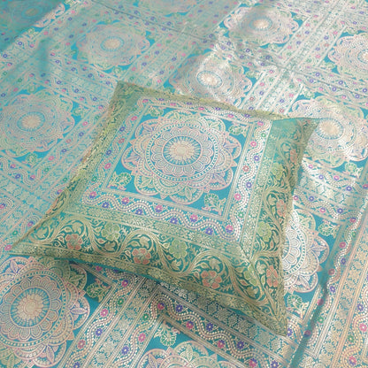 Banarasi Bed Cushion & Pillow Cover Set Teal Green Mandala Silk & Woven Brocade