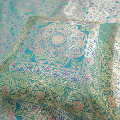 Banarasi Bed Cushion & Pillow Cover Set Teal Green Mandala Silk & Woven Brocade
