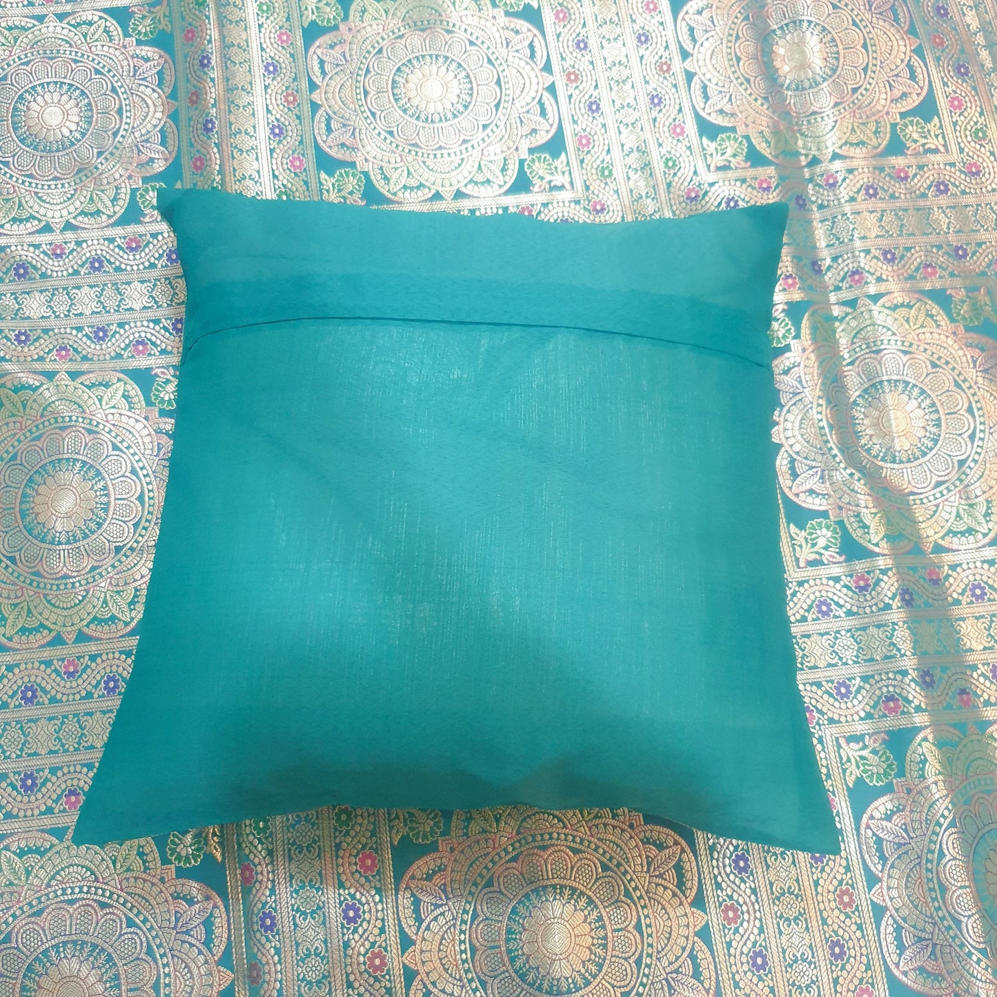 Banarasi Bed Cushion & Pillow Cover Set Teal Green Mandala Silk & Woven Brocade