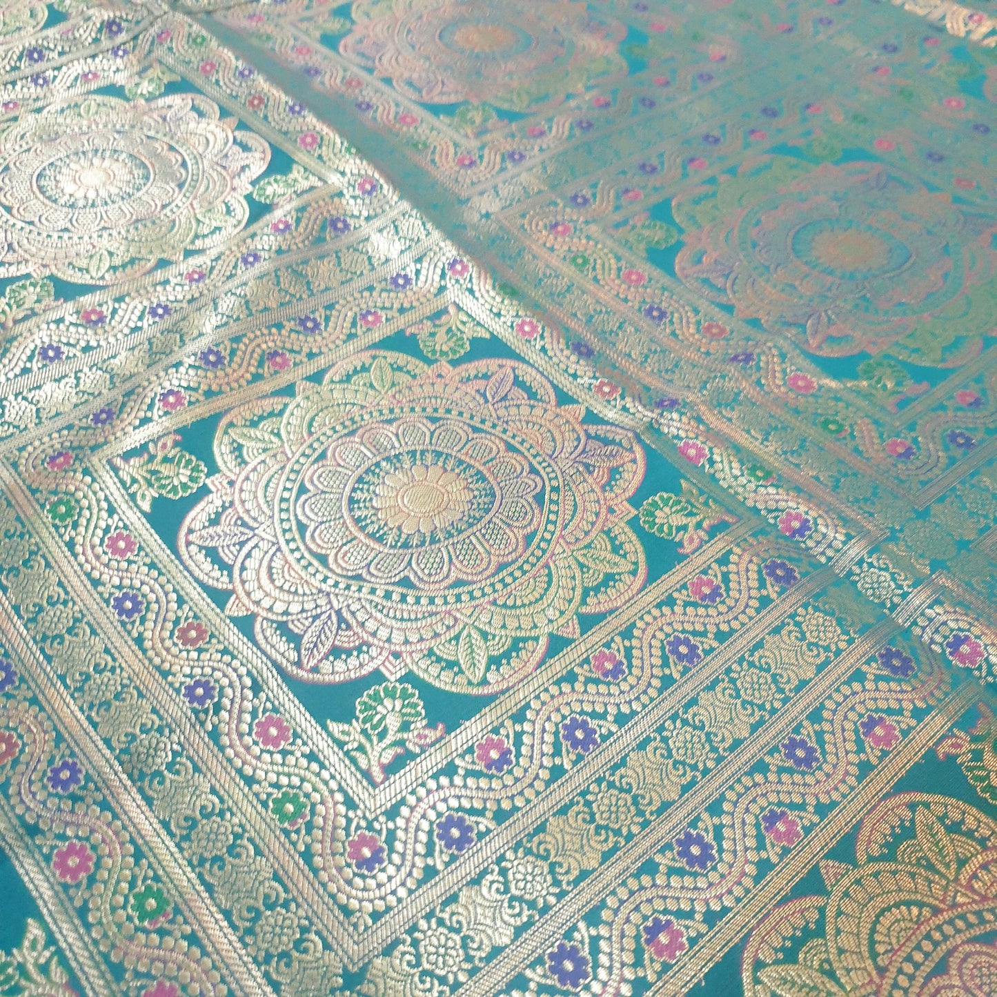 Banarasi Bed Cushion & Pillow Cover Set Teal Green Mandala Silk & Woven Brocade