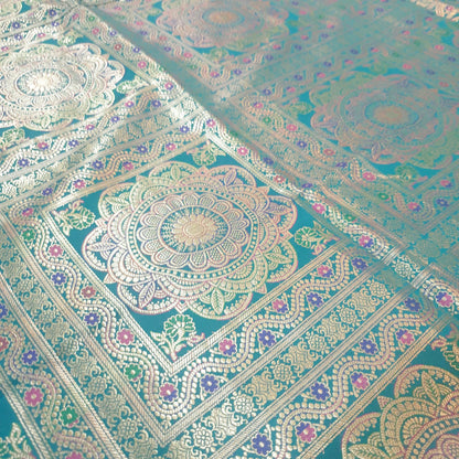 Banarasi Bed Cushion & Pillow Cover Set Teal Green Mandala Silk & Woven Brocade