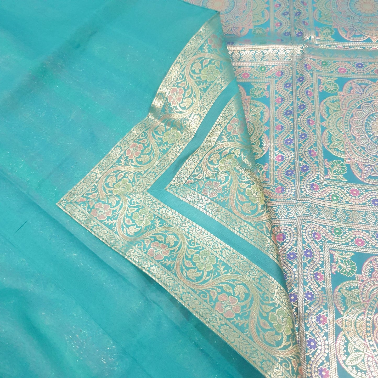 Banarasi Bed Cushion & Pillow Cover Set Teal Green Mandala Silk & Woven Brocade