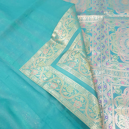 Banarasi Bed Cushion & Pillow Cover Set Teal Green Mandala Silk & Woven Brocade