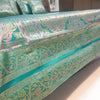 Banarasi Bed Cushion & Pillow Cover Set Teal Green Mandala Silk & Woven Brocade