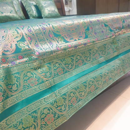 Banarasi Bed Cushion & Pillow Cover Set Teal Green Mandala Silk & Woven Brocade
