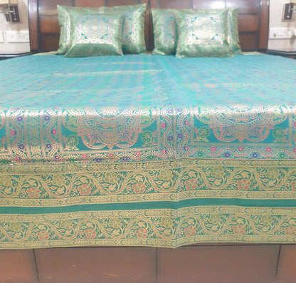 Banarasi Bed Cushion & Pillow Cover Set Teal Green Mandala Silk & Woven Brocade