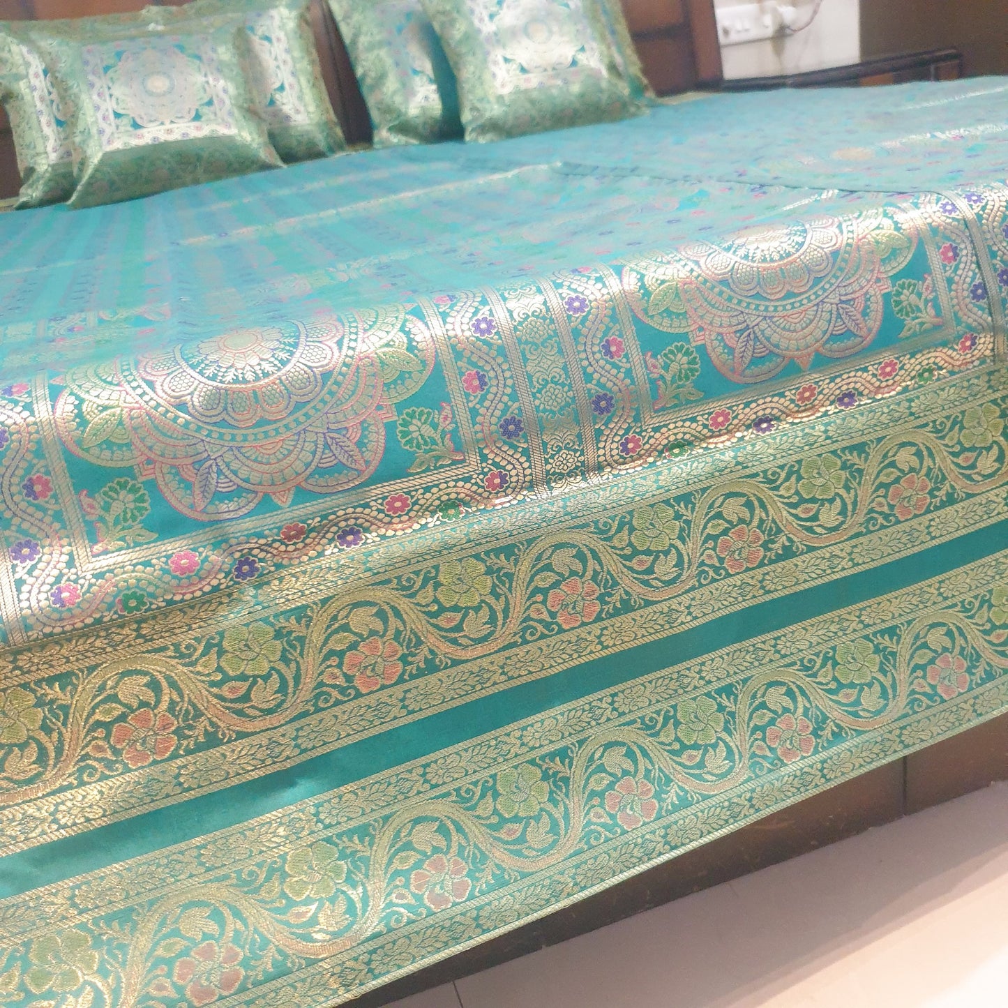 Banarasi Bed Cushion & Pillow Cover Set Teal Green Mandala Silk & Woven Brocade