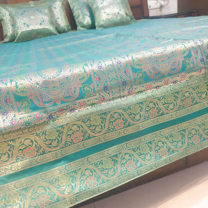 Banarasi Bed Cushion & Pillow Cover Set Teal Green Mandala Silk & Woven Brocade