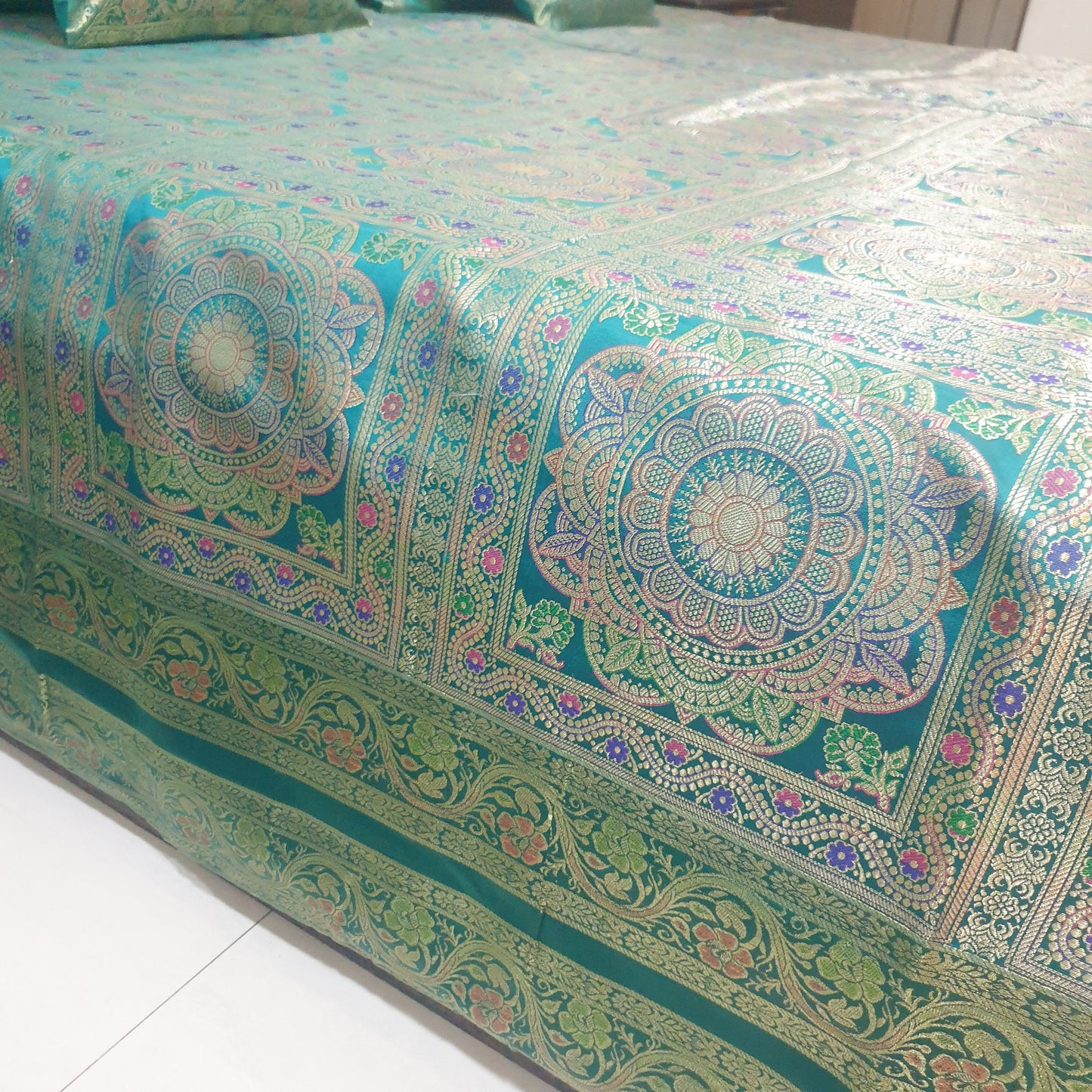 Banarasi Bed Cushion & Pillow Cover Set Teal Green Mandala Silk & Woven Brocade