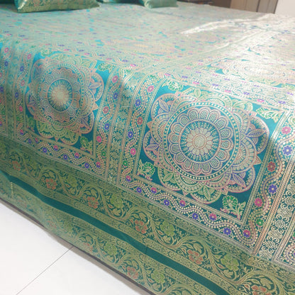 Banarasi Bed Cushion & Pillow Cover Set Teal Green Mandala Silk & Woven Brocade
