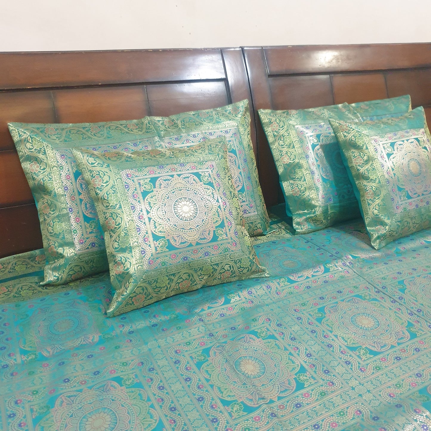 Banarasi Bed Cushion & Pillow Cover Set Teal Green Mandala Silk & Woven Brocade