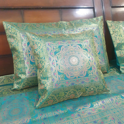 Banarasi Bed Cushion & Pillow Cover Set Teal Green Mandala Silk & Woven Brocade
