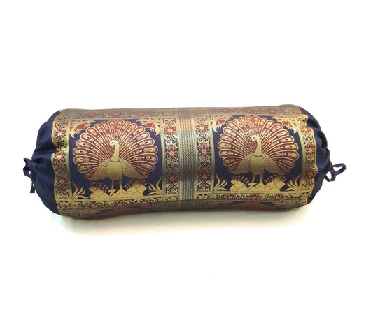 30x15 Inch Bolster Cover Blue Indian Peacock Woven Zari Brocade Banarasi Silk