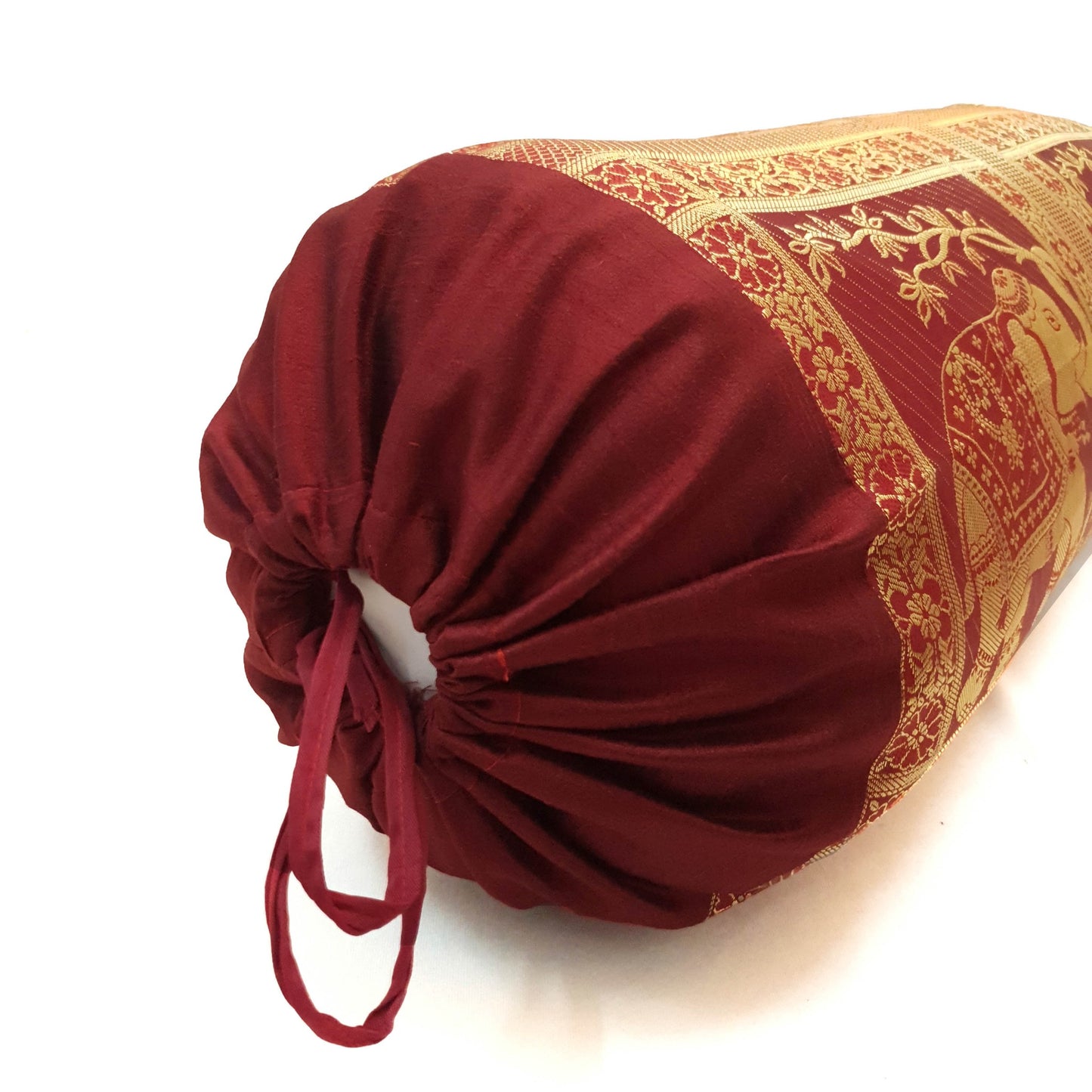 30x15 Inch Bolster Cover Maroon Indian Elephant Woven Zari Brocade Banarasi Silk