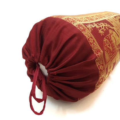 30x15 Inch Bolster Cover Maroon Indian Elephant Woven Zari Brocade Banarasi Silk