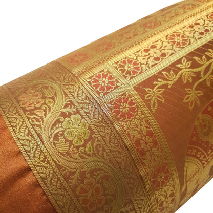 30x15 Inch Bolster Cover Brown Indian Elephant Woven Zari Brocade Banarasi Silk