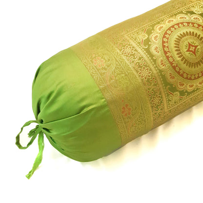 30x15 Inch Bolster Cover Indian Green Mandala Woven Zari Brocade Banarasi Silk