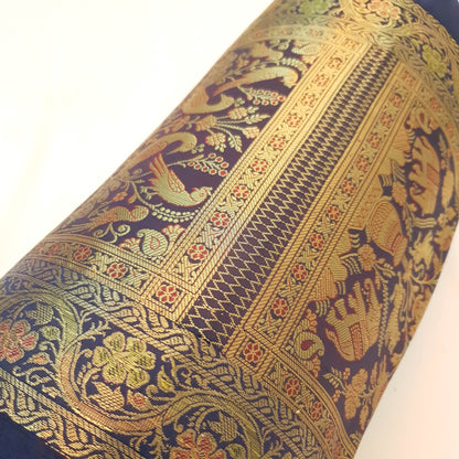 30x15 Inch Bolster Cover Blue Animal & Birds Woven Zari Brocade Banarasi Silk