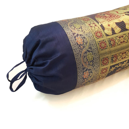 30x15 Inch Bolster Cover Decor Blue Elephant Woven Zari Brocade Banarasi Silk