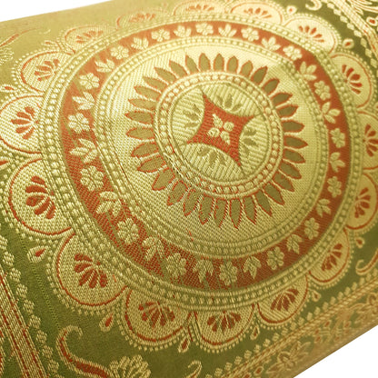 30x15 Inch Green Bolster Cover Mandala Woven Zari Brocade Banarasi Silk Decor