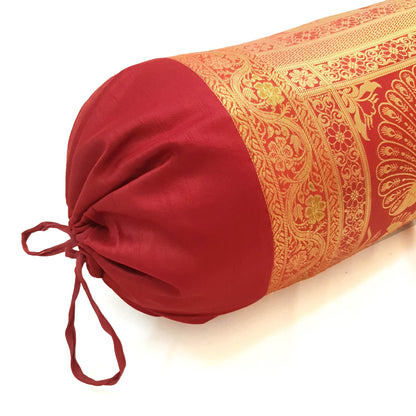 30x15 Inch Maroon Bolster Cover Peacock Woven Zari Brocade Banarasi Silk Decor