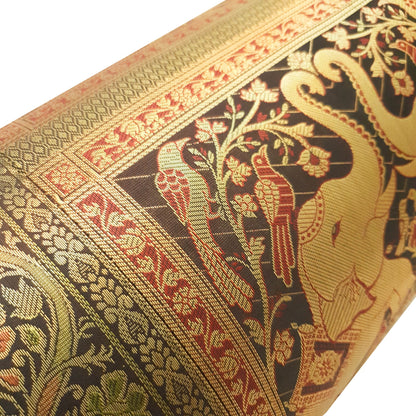 30x15 Inch Bolster Cover Elephant Woven Zari Brocade Banarasi Silk Decor Black