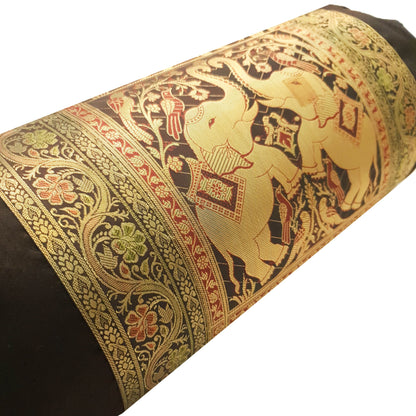30x15 Inch Bolster Cover Elephant Woven Zari Brocade Banarasi Silk Decor Black