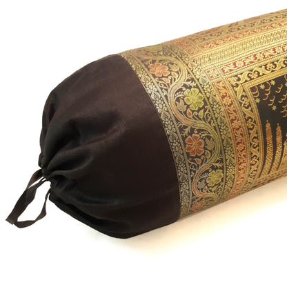 30x15 Inch Bolster Cover Decor Black Taj Mahal Woven Zari Brocade Banarasi Silk