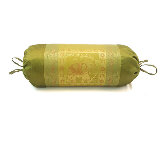 30x15 Inch Bolster Cover Decor Elephant Green Woven Zari Brocade Banarasi Silk