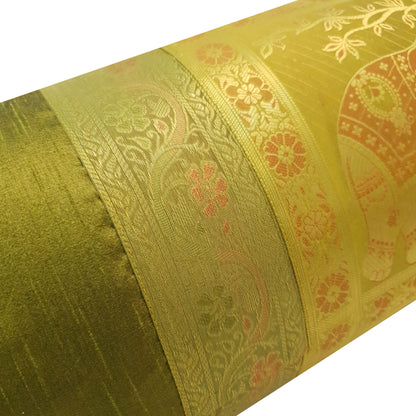 30x15 Inch Bolster Cover Decor Elephant Green Woven Zari Brocade Banarasi Silk