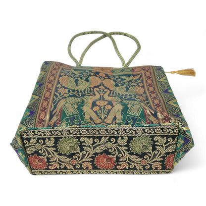 Green Handbag Indian Ethnic Elephant Woven Zari Brocade Fabric Shoulder Hand Bag