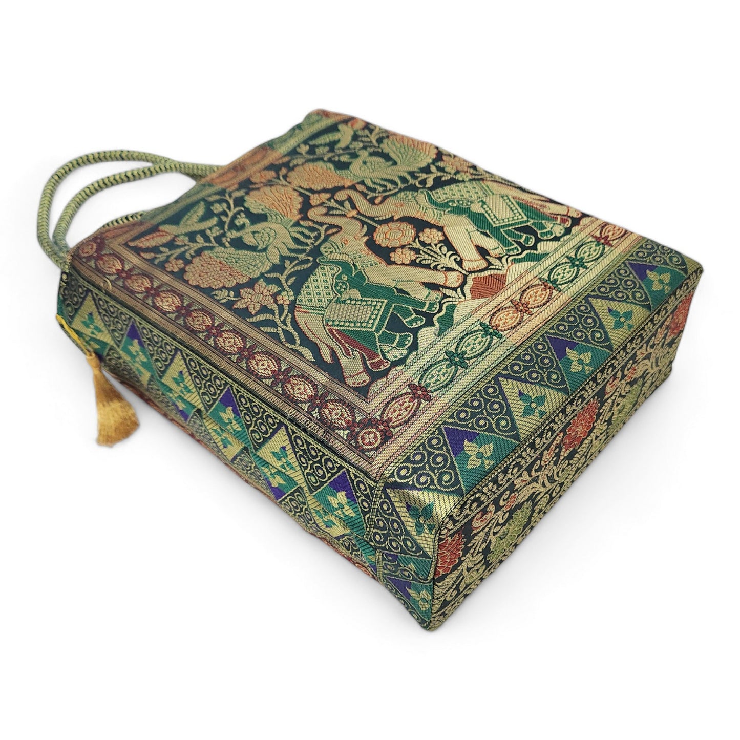 Green Handbag Indian Ethnic Elephant Woven Zari Brocade Fabric Shoulder Hand Bag