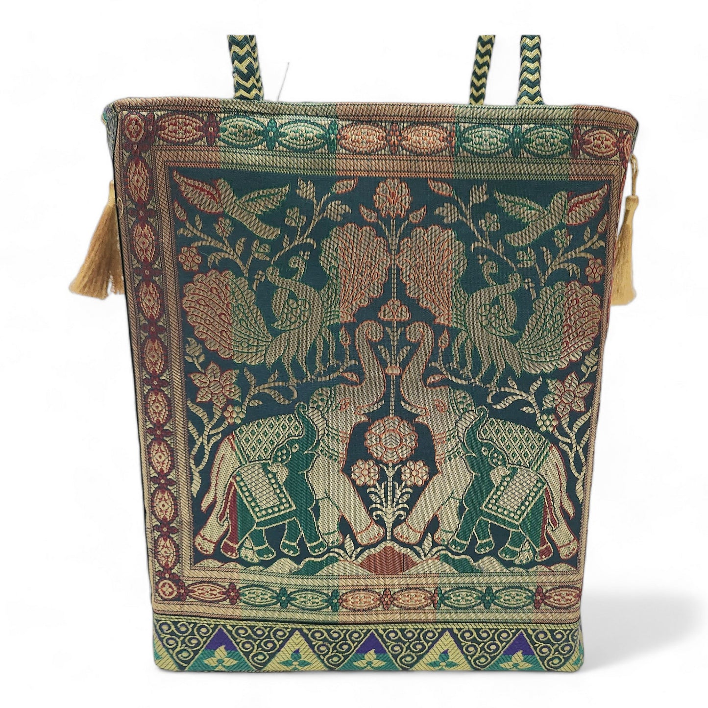 Green Handbag Indian Ethnic Elephant Woven Zari Brocade Fabric Shoulder Hand Bag