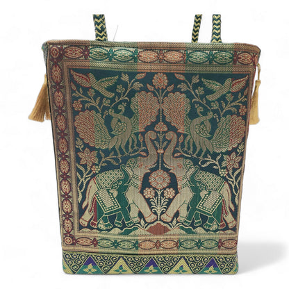 Green Handbag Indian Ethnic Elephant Woven Zari Brocade Fabric Shoulder Hand Bag