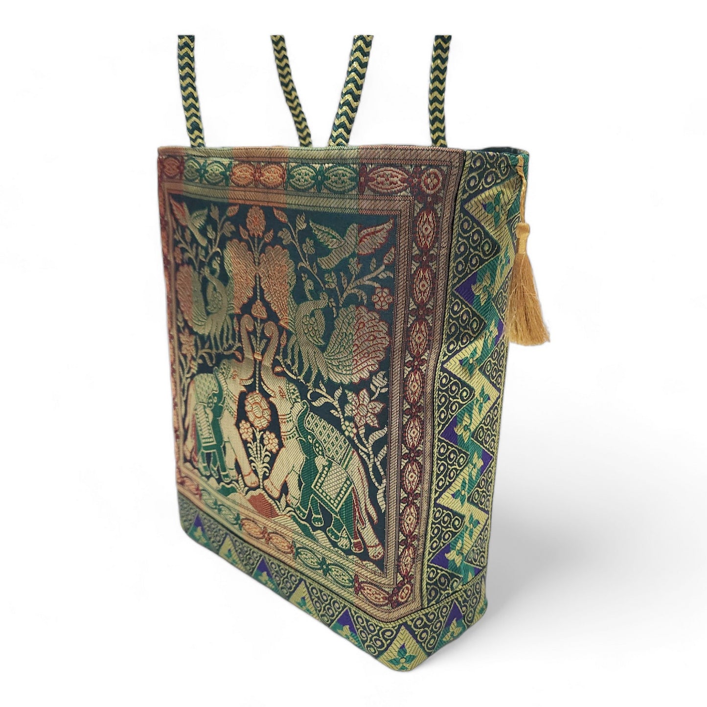 Green Handbag Indian Ethnic Elephant Woven Zari Brocade Fabric Shoulder Hand Bag