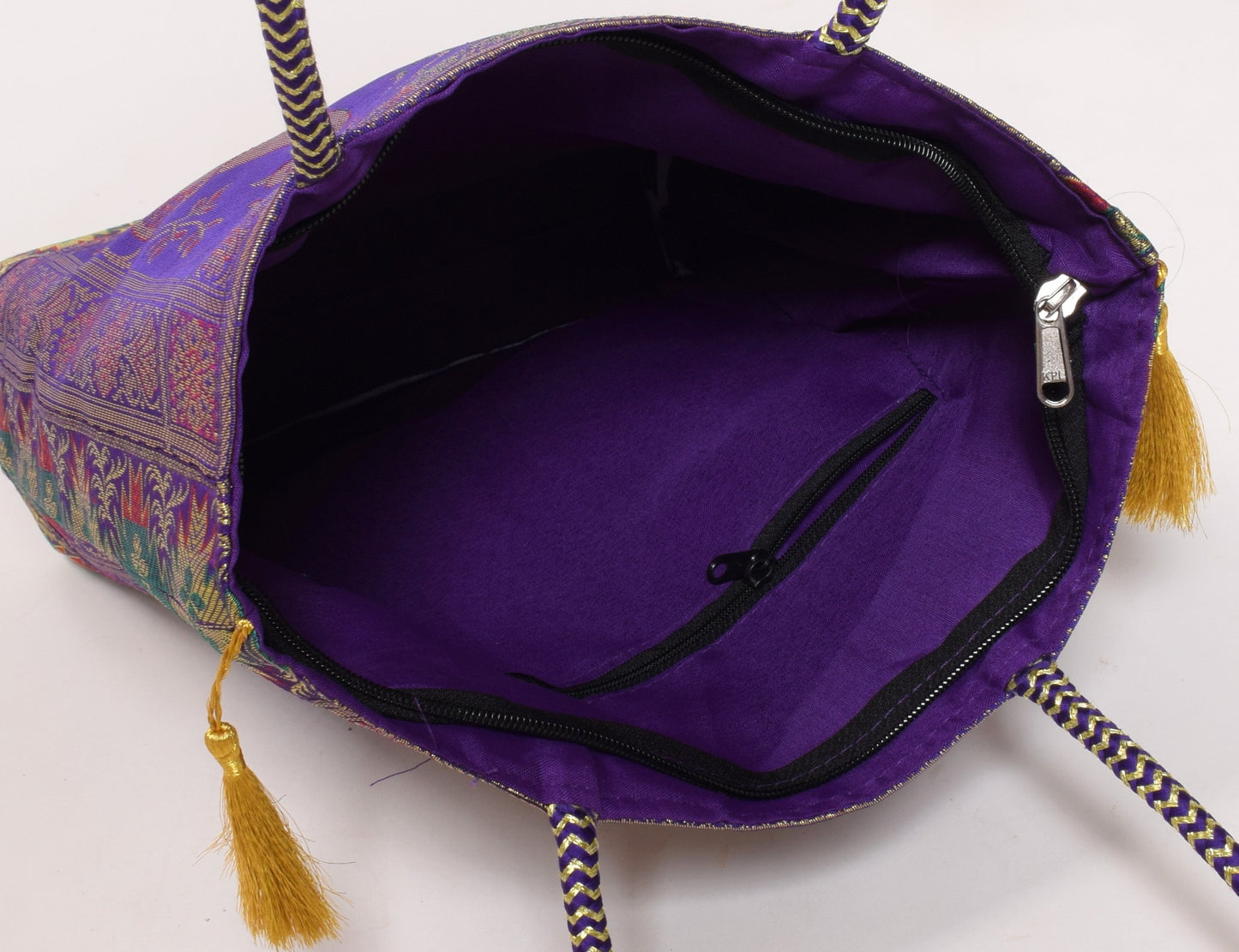 Purple Handbag Indian Ethnic Woven Peacock Zari Brocade Fabric Shoulder Hand Bag