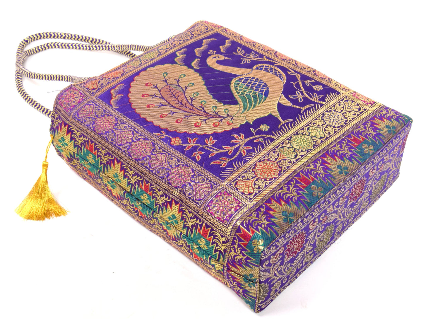Purple Handbag Indian Ethnic Woven Peacock Zari Brocade Fabric Shoulder Hand Bag