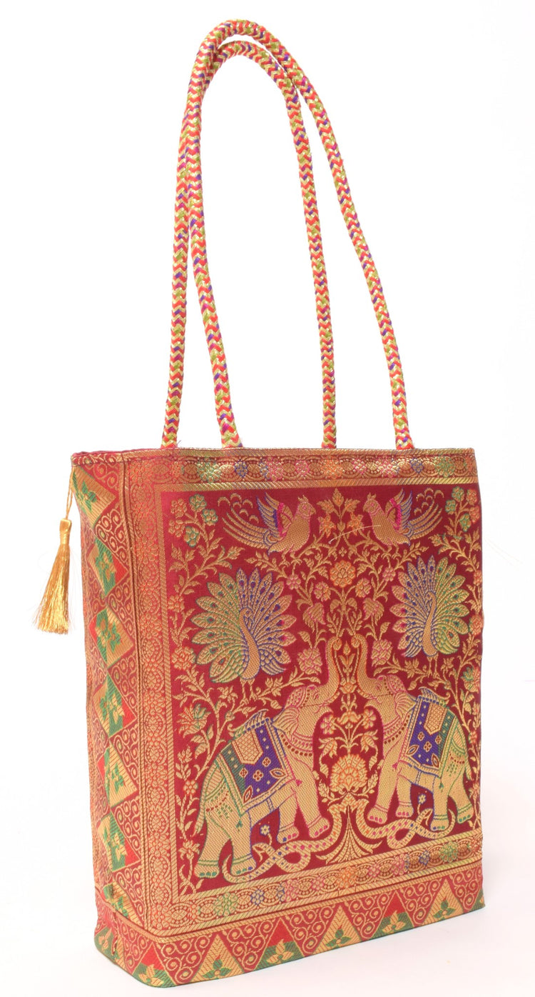 Maroon Handbag Indian Ethnic Elephant Zari Brocade Fabric Shoulder Hand Bag