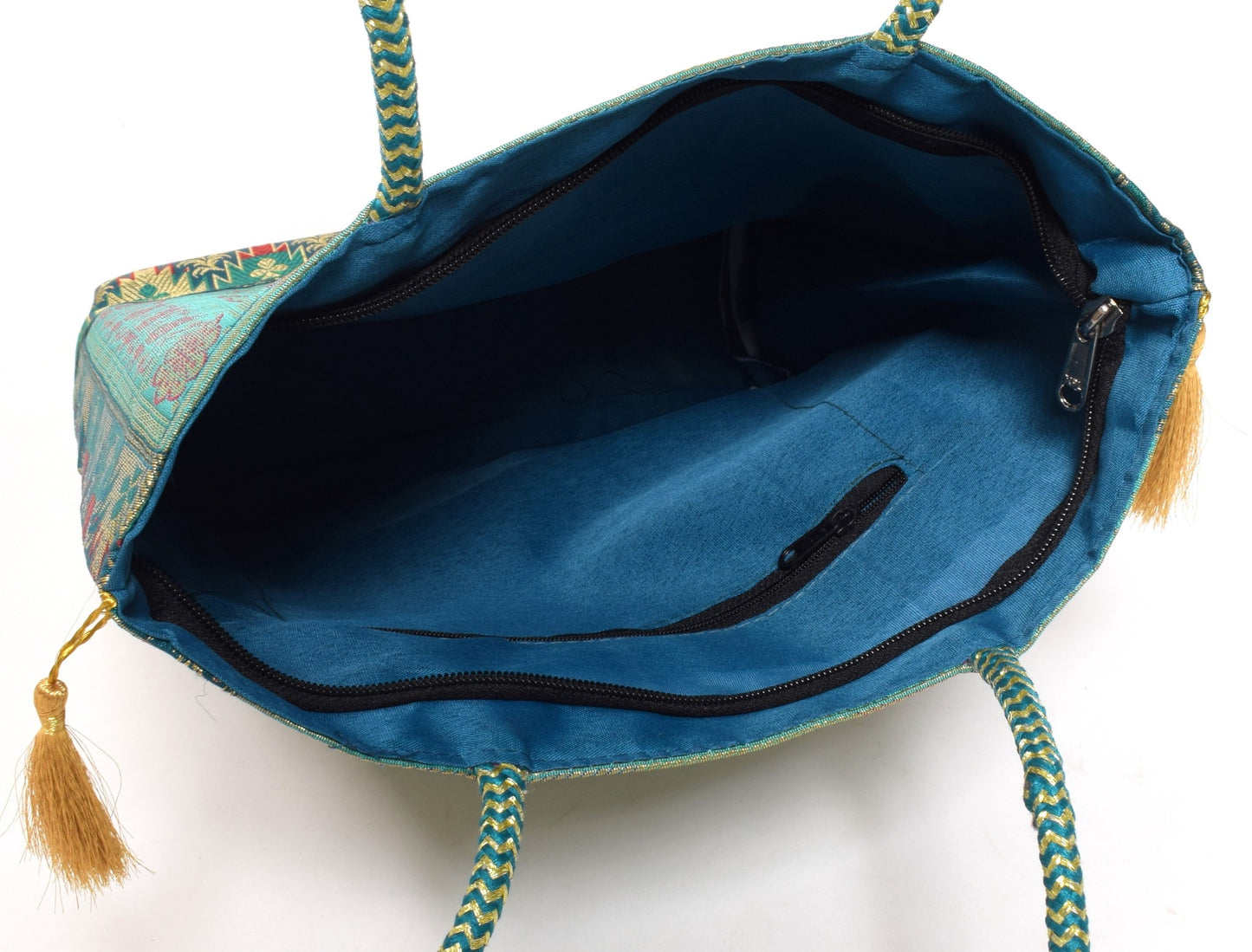 Aqua Green Handbag Ethnic Woven Zari Brocade Fabric Elephant Shoulder Hand Bag