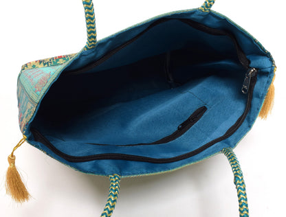 Aqua Green Handbag Ethnic Woven Zari Brocade Fabric Elephant Shoulder Hand Bag