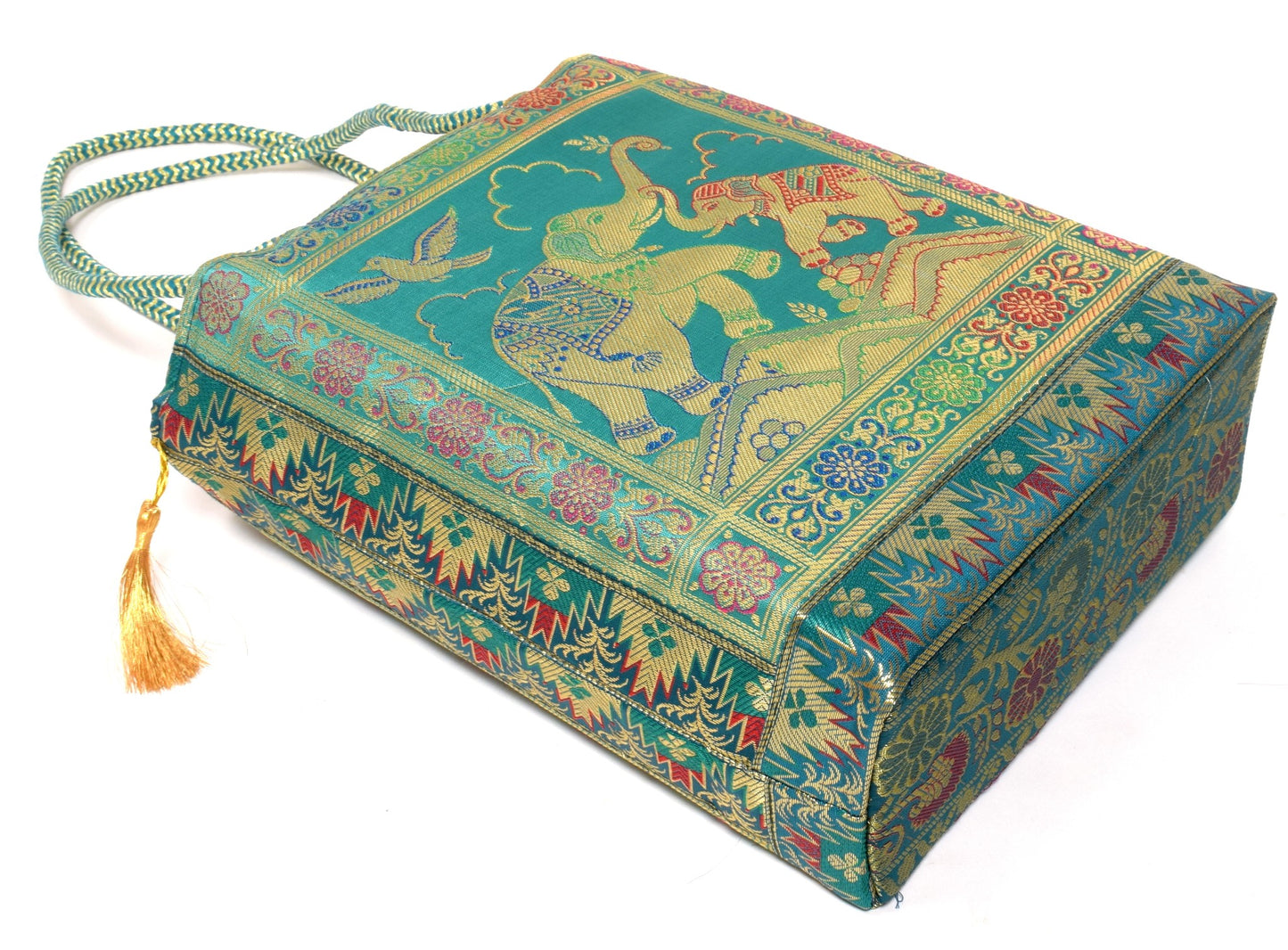 Aqua Green Handbag Ethnic Woven Zari Brocade Fabric Elephant Shoulder Hand Bag